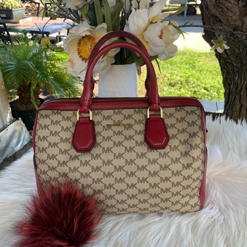 Michael Kors Mercer Medium Duffle Satchel Cherry Red/Tan Leather